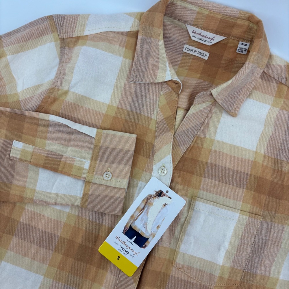 NWT Weatherproof Vintage Flannel Shirt Womens Small Yellow Plaid Comfort Stretch